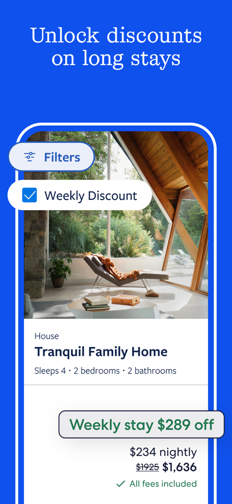 Vrbo app interface highlighting weekly stay discounts for vacation home rentals