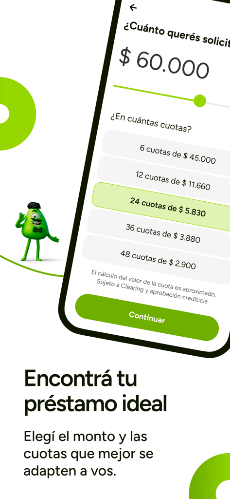 Verde FUCAC - Pantalla de la app Verde FUCAC para seleccionar el monto del préstamo y las cuotas.