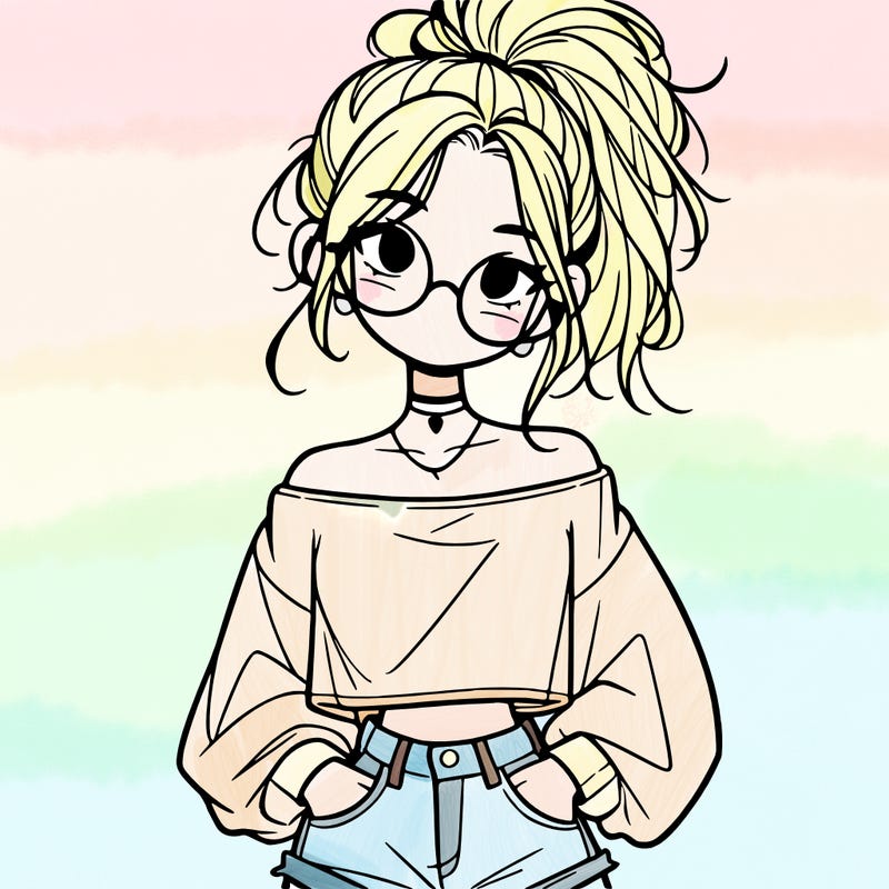 girl with a messy ponytail glasses a baggy crop top and jean shorts