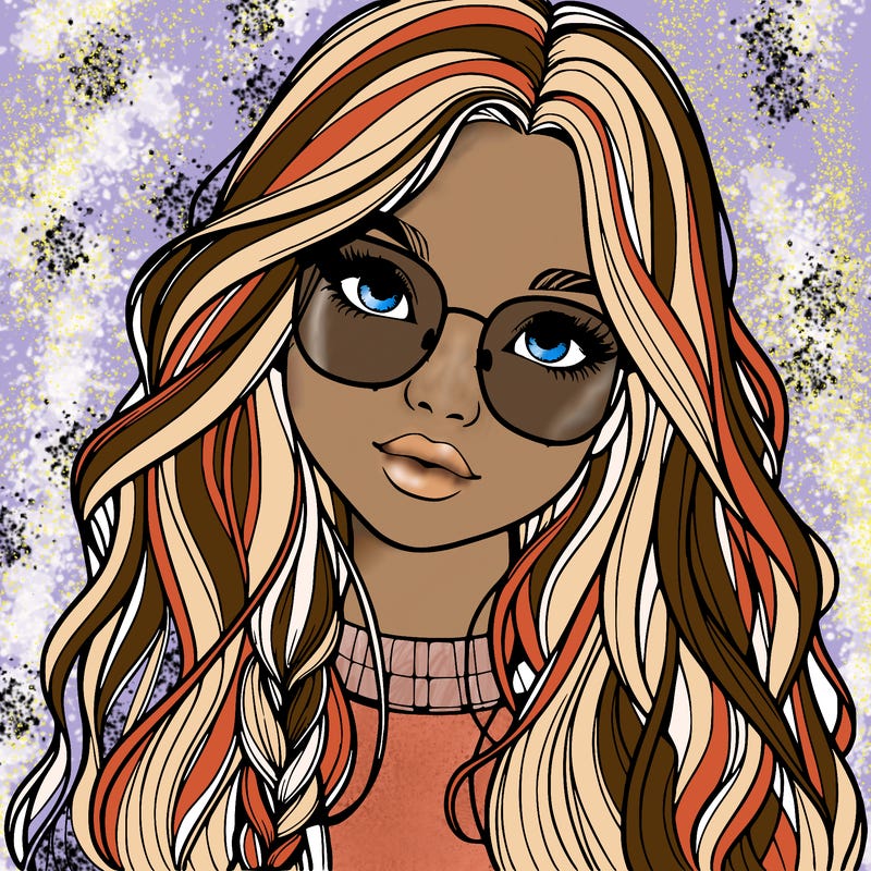 girl with long hair and freckles and glasses realistic