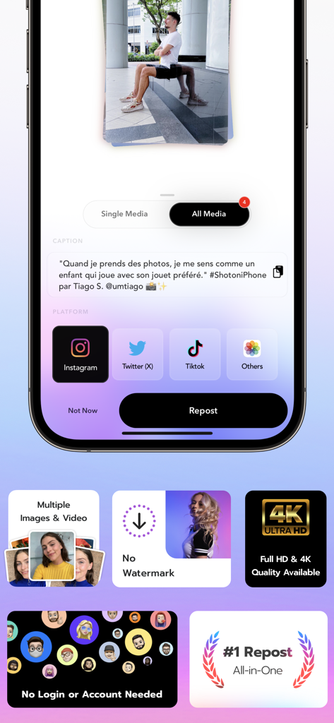 Repost AI app interface displaying watermark removal and 4K quality features for social media