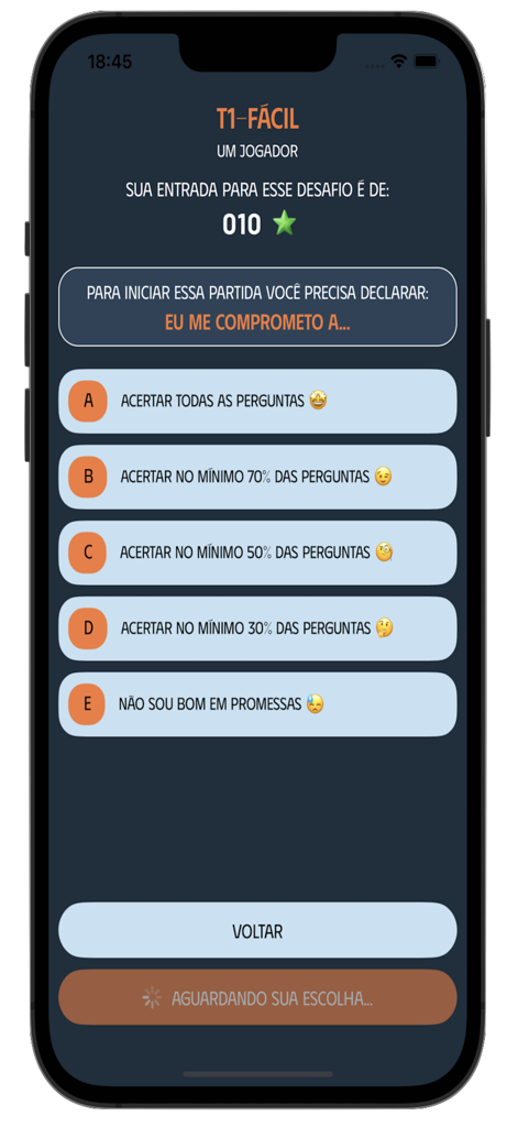 Bíblia Play - Aplicativo móvel Bíblia Play mostrando uma tela onde o jogador seleciona uma meta de desempenho antes de iniciar um desafio de trivia bíblica.