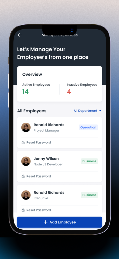 Dashboard view of the Attnd employee management app showing a list of staff and status overview