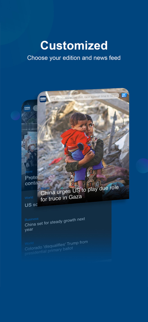 China Daily app interface for customized news editions and feeds