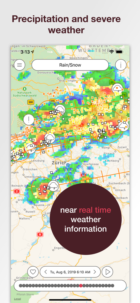 Real-time precipitation and severe weather radar interface in the Pflotsh Storm app