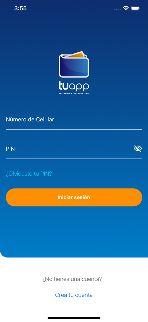 Tuapp Billetera Electronica - Login screen for the Tuapp Billetera Electronica app showing fields for mobile number and PIN.
