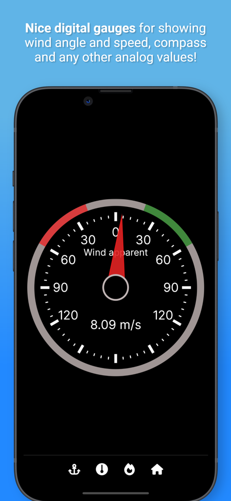 SKipper App - Interfaz de la app SKipper mostrando un medidor digital para la velocidad y dirección aparente del viento