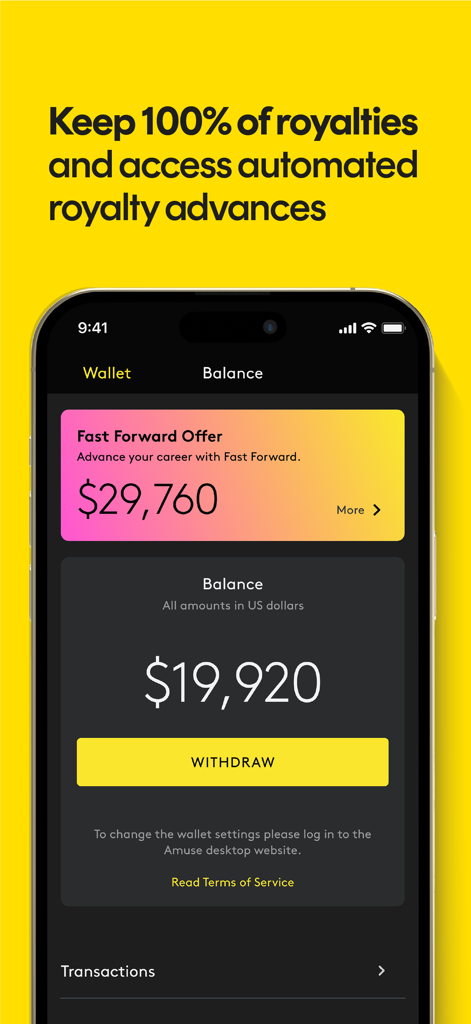Schermata del wallet dell'app Amuse che mostra il saldo delle royalties dell'artista e le opzioni di anticipo royalties