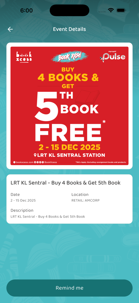 BookXcess - Event details screen of the BookXcess app showing a buy 4 get 1 free book promotion.