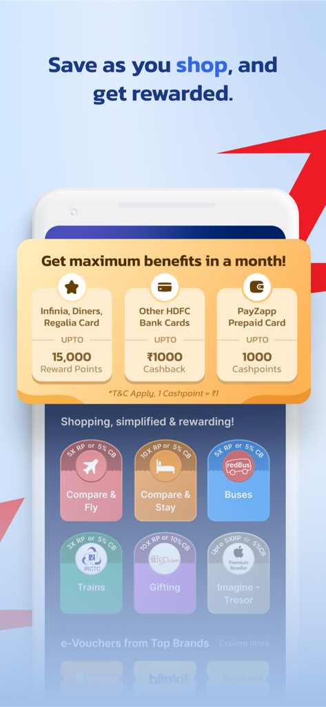 PayZapp app screen displaying shopping rewards and HDFC Bank card benefits