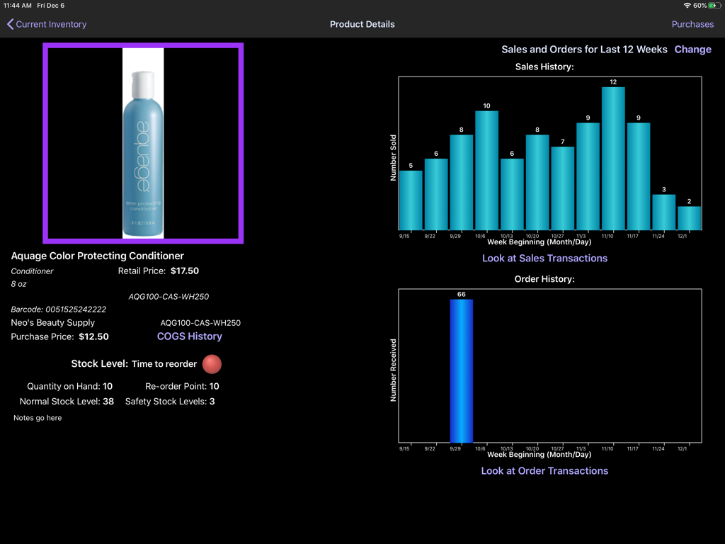 On Shelf - Inventory product details screen on the On Shelf iPad app showing sales history graphs and stock alerts
