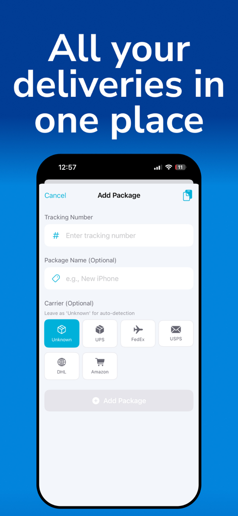 Schermata dell'app mobile per aggiungere una nuova consegna che mostra l'inserimento del numero di tracciamento e le icone di selezione del corriere
