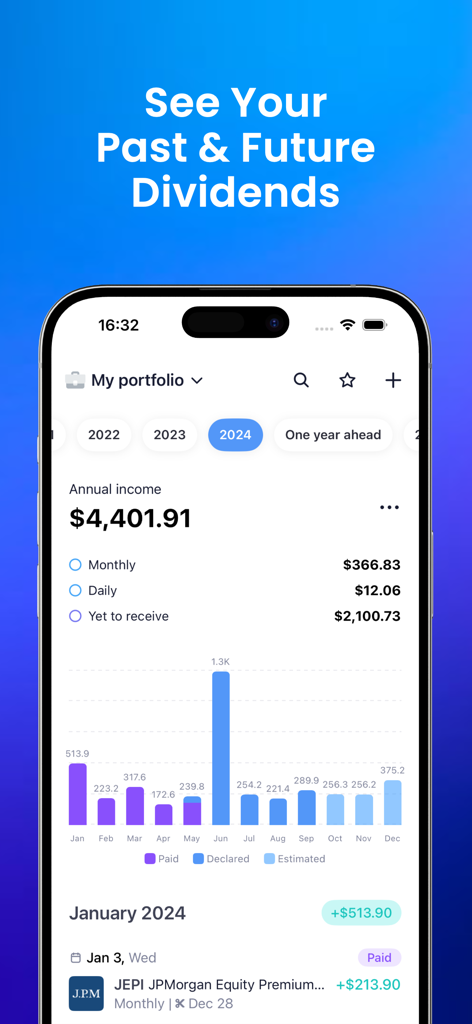 Snowball Analytics - Snowball Analytics app screen displaying annual dividend income and a monthly payout chart.