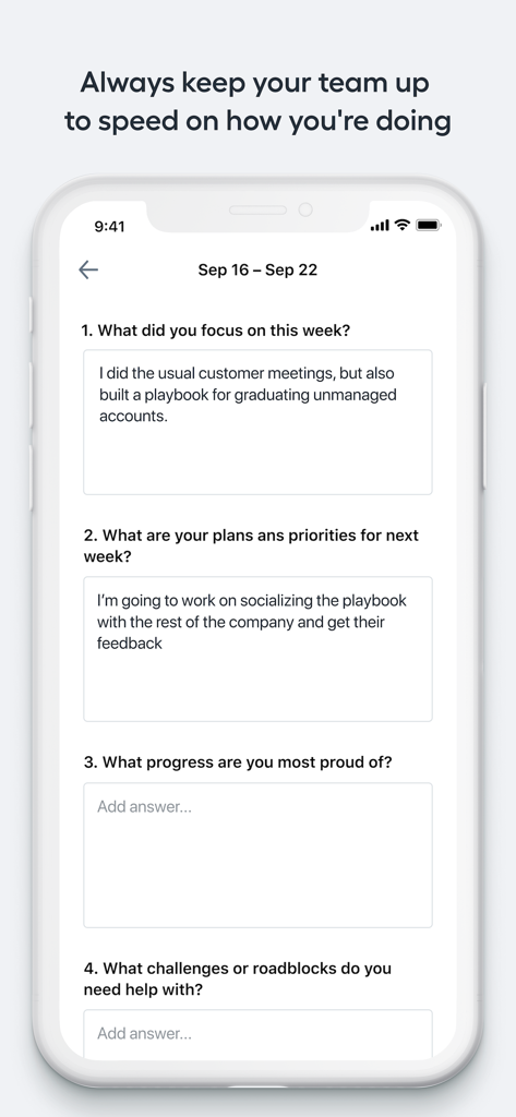 Lattice app interface displaying a weekly progress report with sections for focus areas, future priorities, and roadblocks.