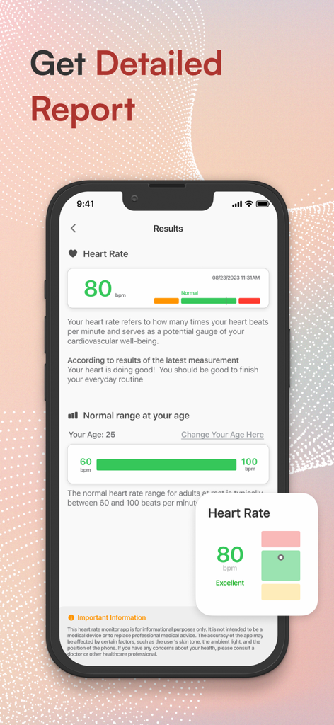 Detailed heart rate report on a mobile app showing 80 bpm and normal range analysis