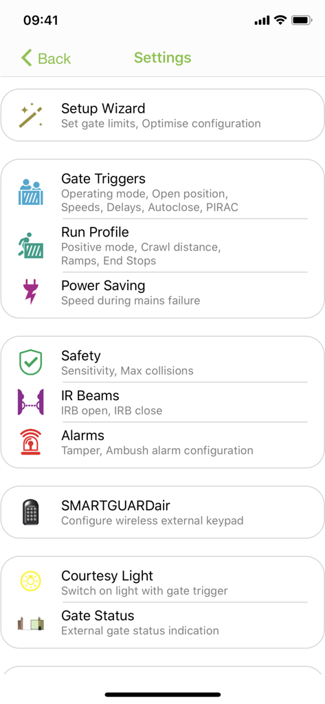 Menu delle impostazioni dell'app MyCentsys Pro per la configurazione dei trigger del cancello e dei parametri di sicurezza