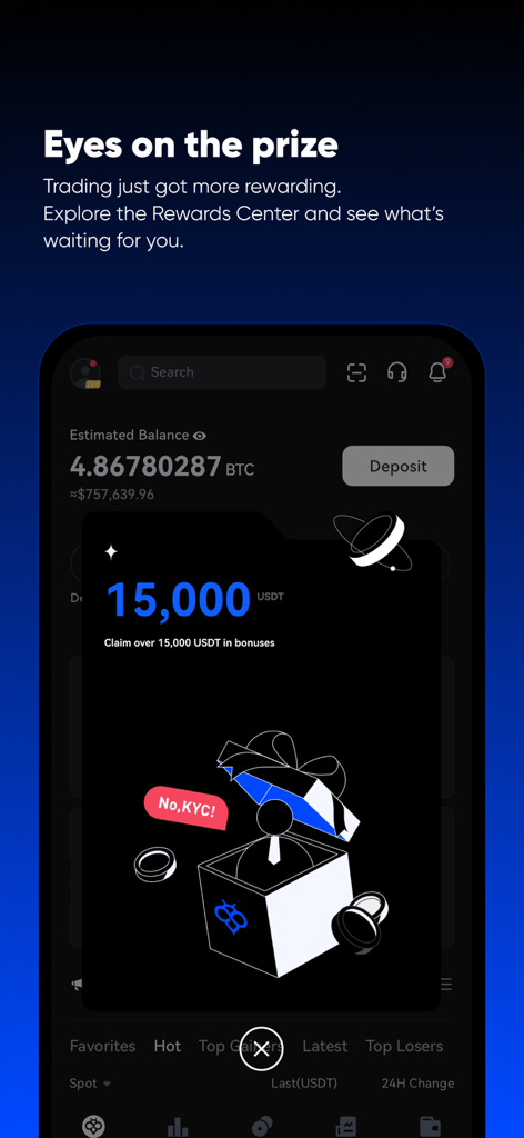 Toobit mobile App-Oberfläche mit einem Pop-up im Belohnungszentrum mit einem Bonusangebot von 15.000 USDT
