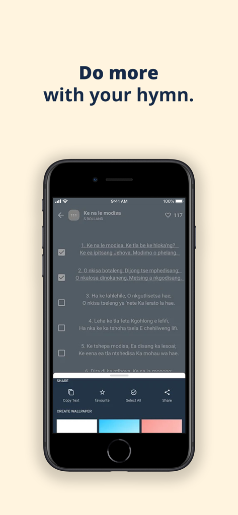 Sharing and wallpaper creation features for Sotho hymns in the Difela Tsa Sione app
