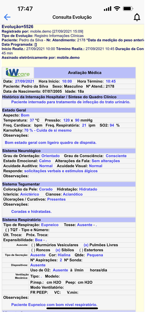 IW-Mobile Pro - Detailed medical evolution report within the IW-Mobile Pro app showing patient assessment data