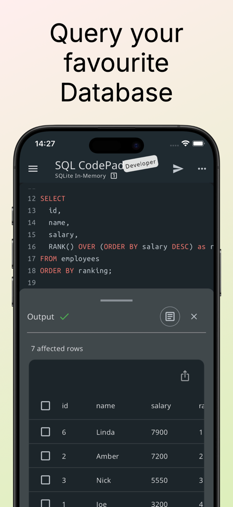 SQL Database Manager DB Client - Editor de consulta SQL e tabela de resultados no aplicativo móvel SQL CodePad