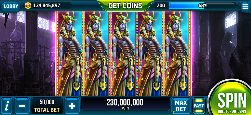 Ancient Egypt themed slot machine game interface showing a major win with five pharaoh character symbols across the reels