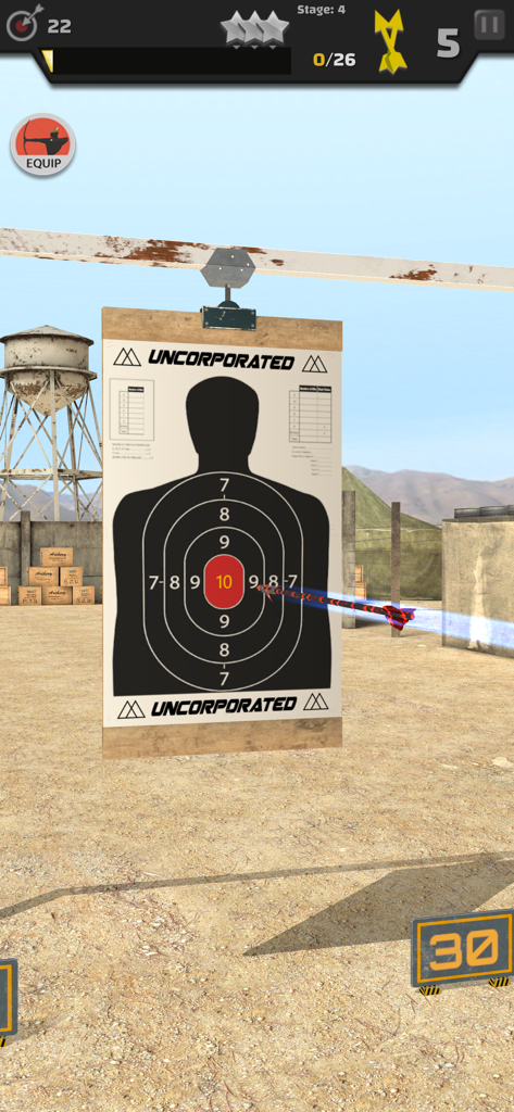 Arrow Master: Archery Game - Pantalla del juego Arrow Master mostrando una flecha impactando un objetivo de silueta en un campo de entrenamiento