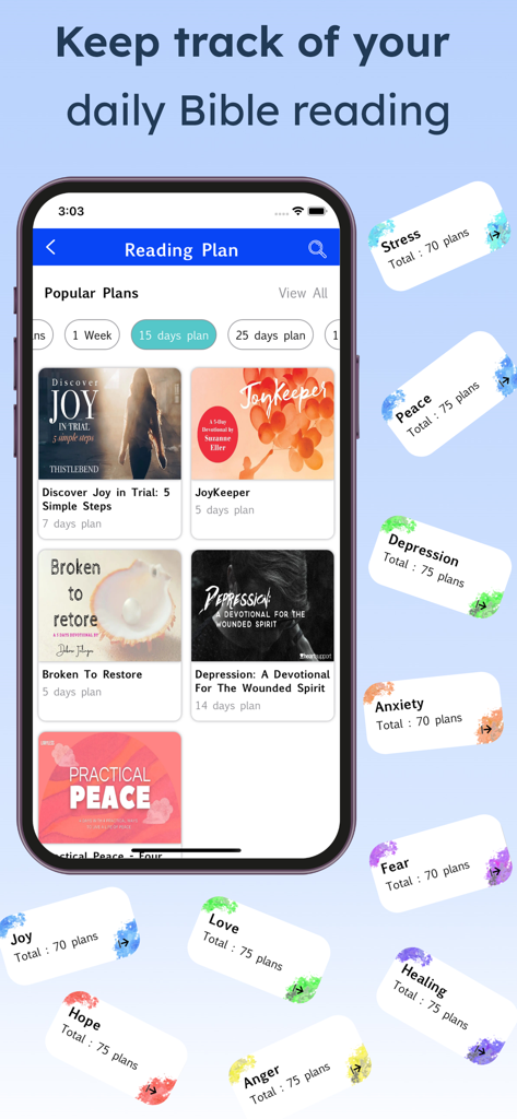 Bible Reading Zone -All In One - Interfaz de la aplicación Bible Reading Zone mostrando varios planes de lectura para apoyo emocional y espiritual.