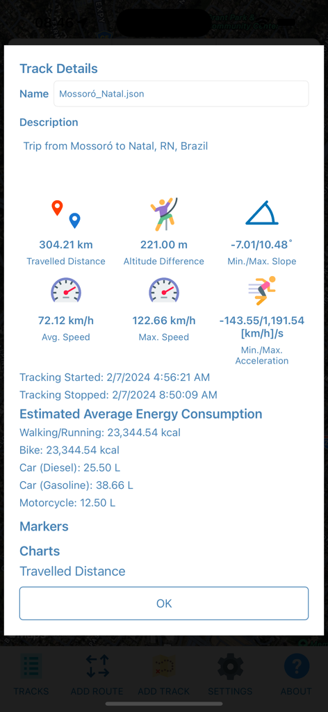 A detailed track summary in GeoTracker Lite showing distance, speed, altitude, and estimated energy consumption metrics.