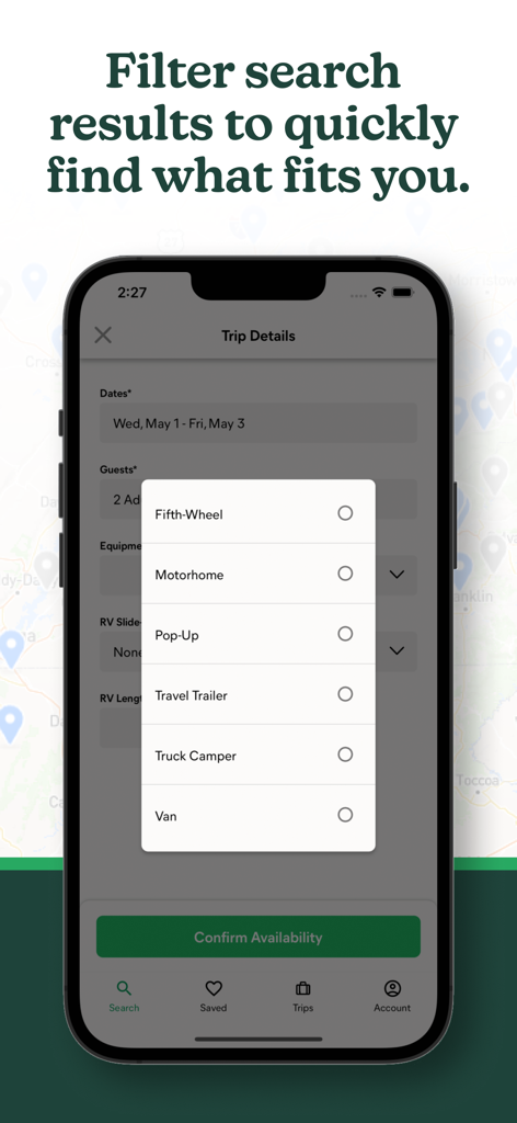 Campspot | RV Camping - Captura de pantalla de la aplicación Campspot que muestra filtros de búsqueda para tipos de RV y equipos, incluidos autocaravanas y remolques de viaje