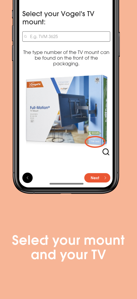 DrillRight - DrillRight app screen showing the selection process for a Vogel's TV wall mount with a search bar and product packaging example.
