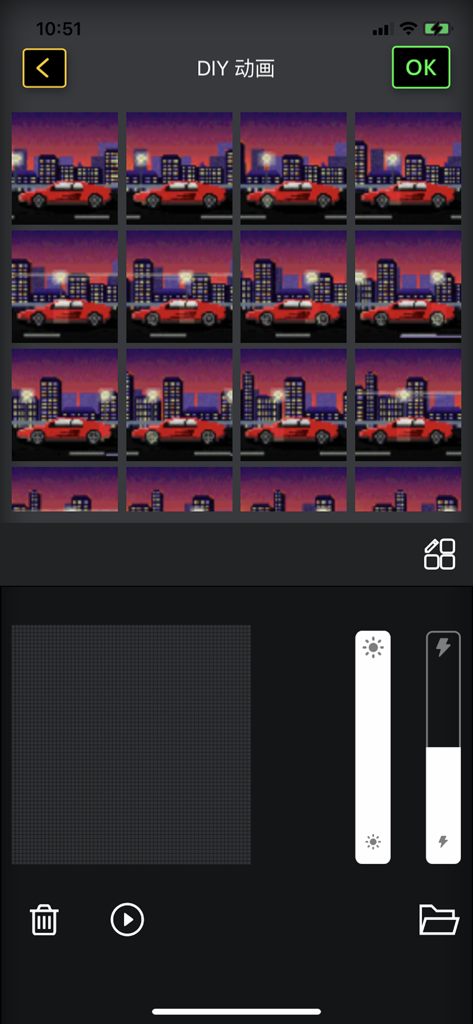 iPixel Color - Editor de animaciones DIY en la aplicación iPixel Color con una secuencia de pixel art de coche rojo retro