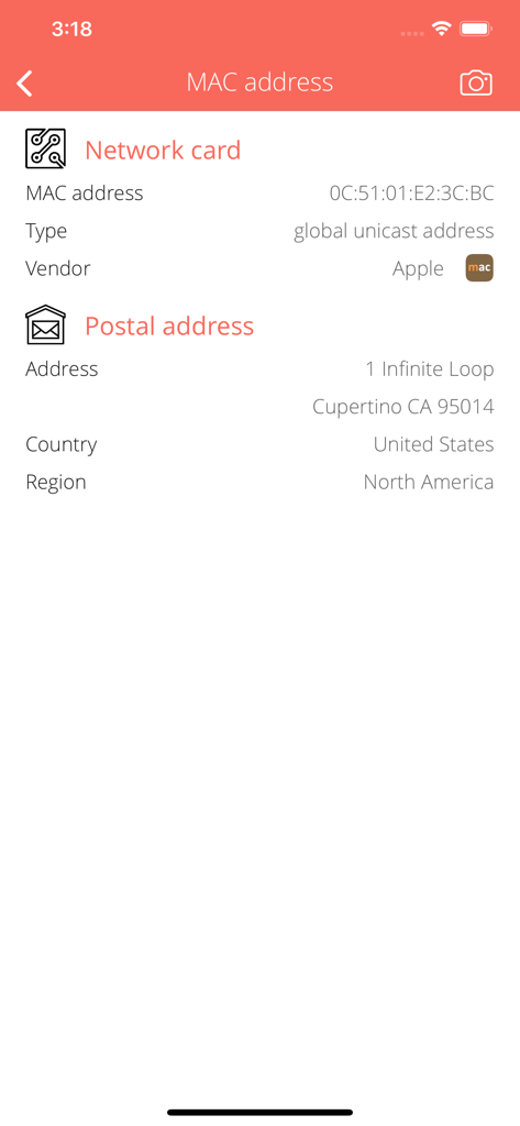 Hotspot Info - Detailed view of a MAC address lookup showing network card type and vendor information for Apple