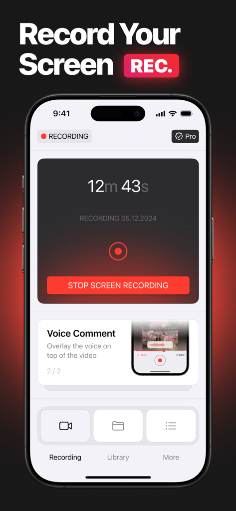 Screen Recorder－Video & Voice - User interface of Screen Recorder app showing an active screen recording session on an iPhone with a voice comment feature