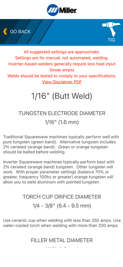 TIG welding settings and parameters for a butt weld on the Miller Weld Setting Calculator app.