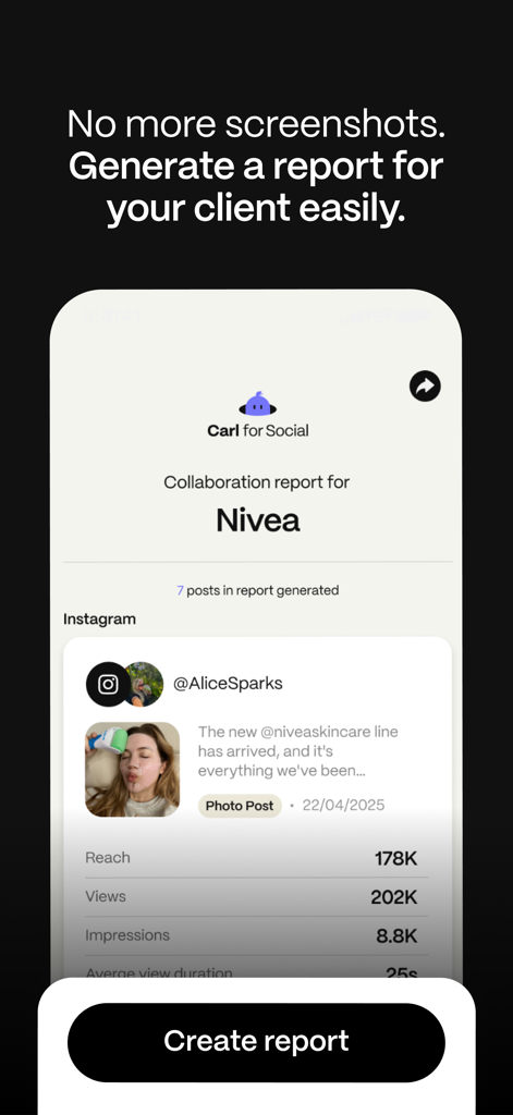 Carl for Social - Interface of the Carl for Social app showing a detailed influencer collaboration report for a brand campaign on Instagram