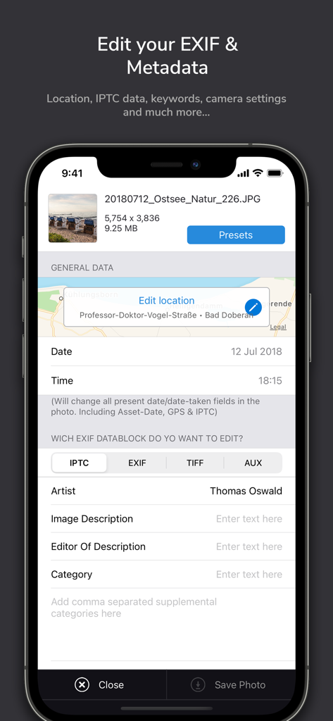 ImagExif 2 - edit exif data - Oberfläche der ImagExif 2 App auf einem Smartphone, die Werkzeuge zur Bearbeitung von Fotometadaten für Standort, Datum und IPTC-Künstlerinformationen zeigt.