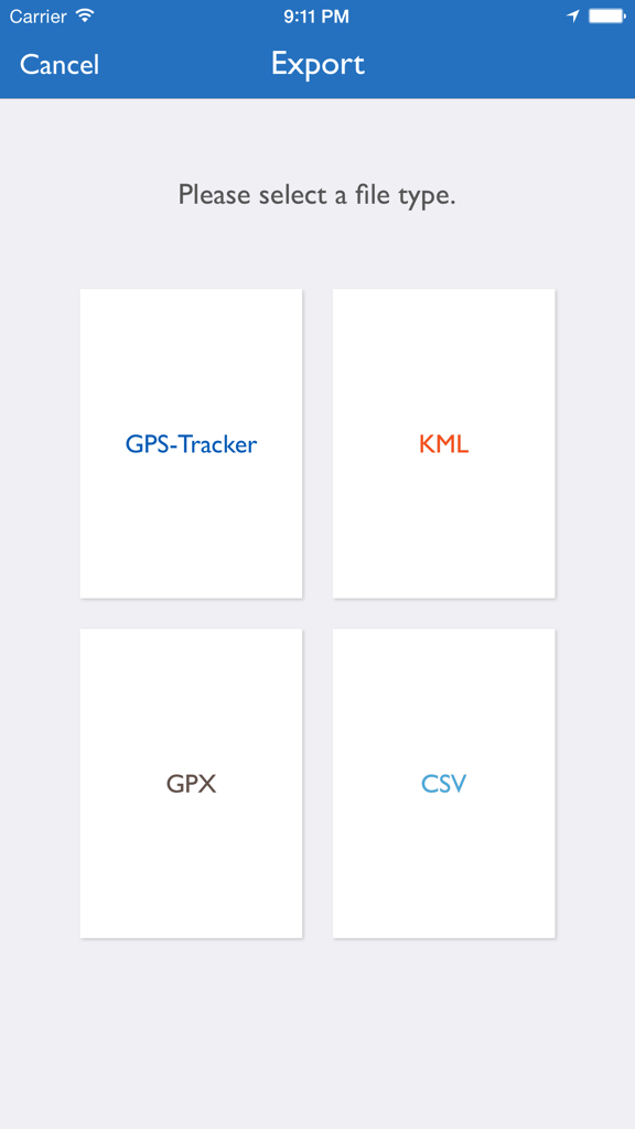 GPS-Tracker Pro - GPS-Tracker Pro의 내보내기 인터페이스로, KML, GPX 및 CSV 파일 형식 선택 옵션을 보여줍니다.