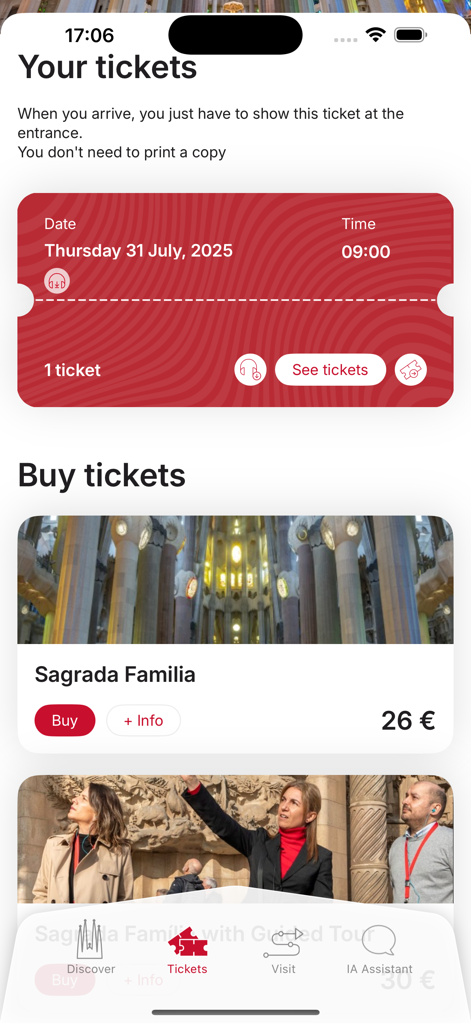 Digital ticket management and booking screen in the Sagrada Familia official app showing visit details and pricing