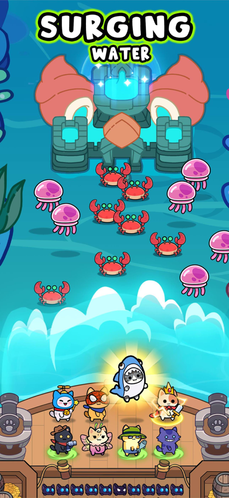 Kitty Keep™ - Cat heroes in costumes defending a sandcastle against waves of jellyfish and crabs.