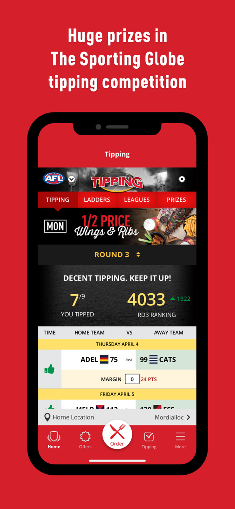 Sporting Globe - Sporting Globe app tipping competition screen displaying rankings and match results