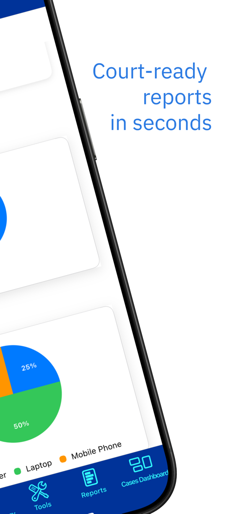 Digital Forensics - Digital Forensics app interface showing court-ready reporting features and data charts