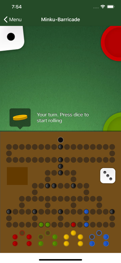 Board Games Lite - Minku Barricade board game screen with colorful pieces and dice