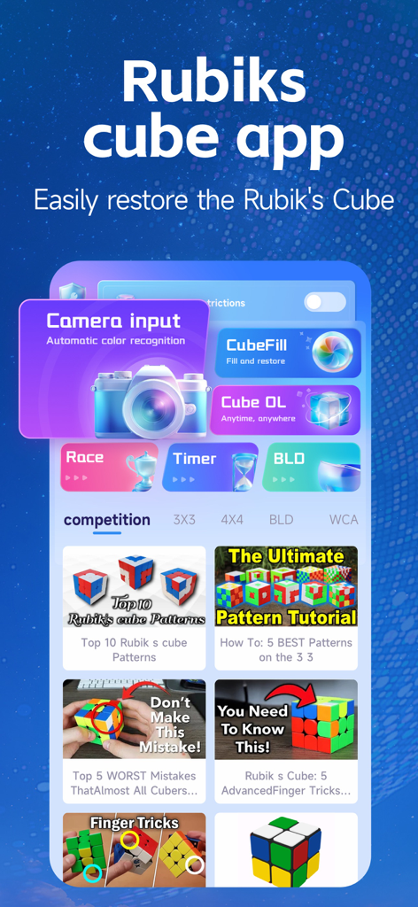 Interfaz de la aplicación RGB Cube Solver que muestra entrada de cámara y videos tutoriales
