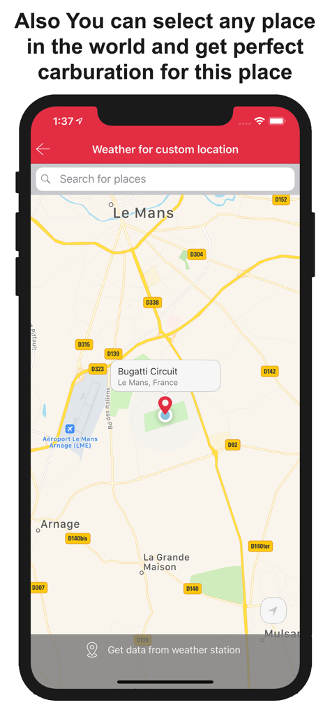 Map interface within the Jetting for Honda CRF app to select a custom location for weather data