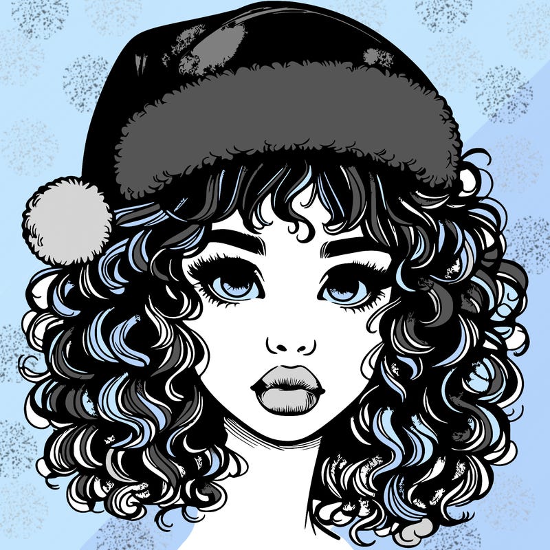 realistic girl with a santa hat curly hair and lips