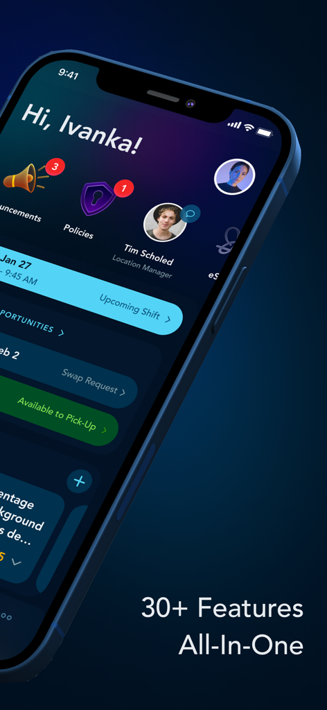 Woven – My Work - A mobile screen showing the Woven app dashboard with shift management and workplace announcements