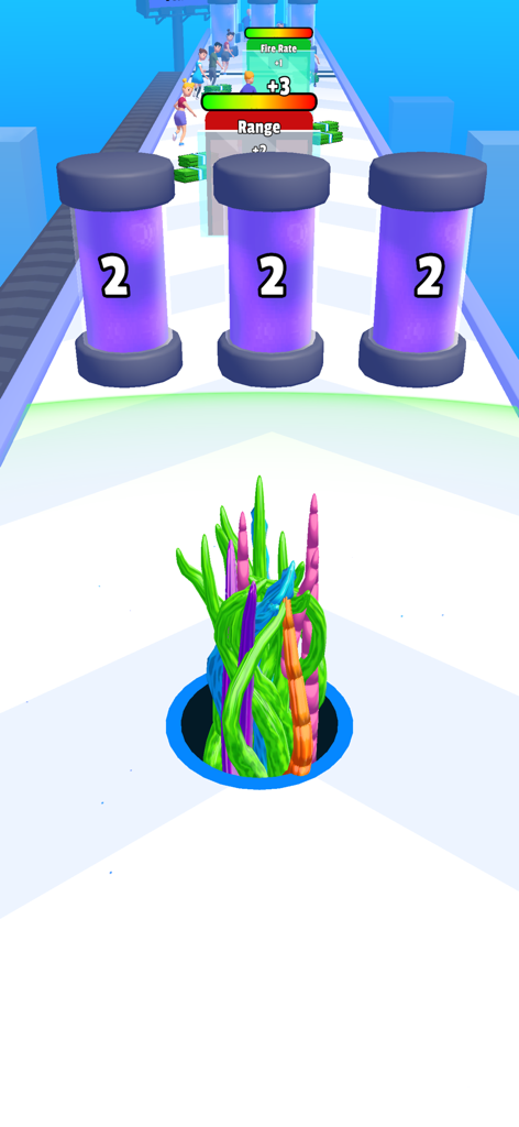 Alien Hole : Black Hole Games - A colorful cosmic entity with tentacles emerging from a blue hole on a white runner track with obstacles and upgrades.