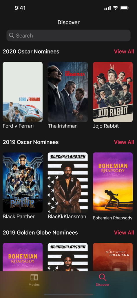 Discover tab in Cinema Time app showing curated lists of Oscar and Golden Globe nominees