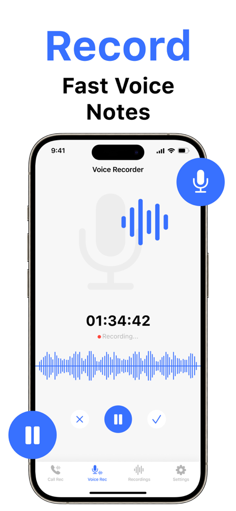 Phone Call Recorder ACR* - Interfaz de la aplicación Phone Call Recorder ACR mostrando la función de grabadora de voz con una forma de onda y un temporizador.
