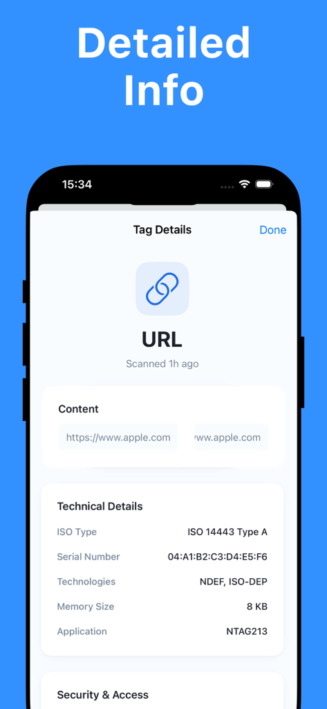 NFC Tools: Tag Writer, Reader - A detailed information screen for an NFC tag showing URL content, chip type, serial number, and memory size.